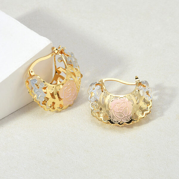 Hollow Rosette Earrings With Gold Contrast Hoops - Image 3